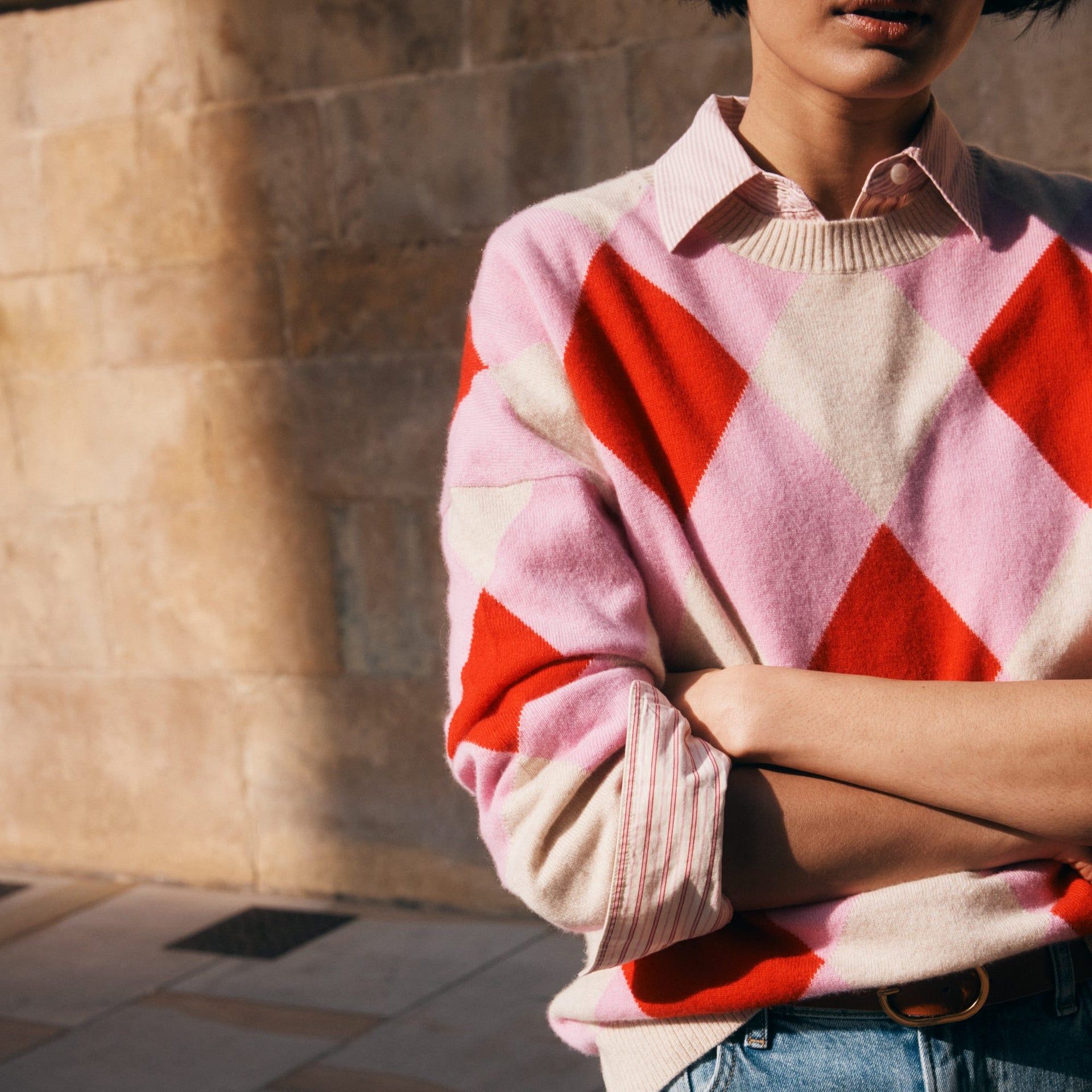 Anastasia Cashmere Jumper-Red and Pink Argyle