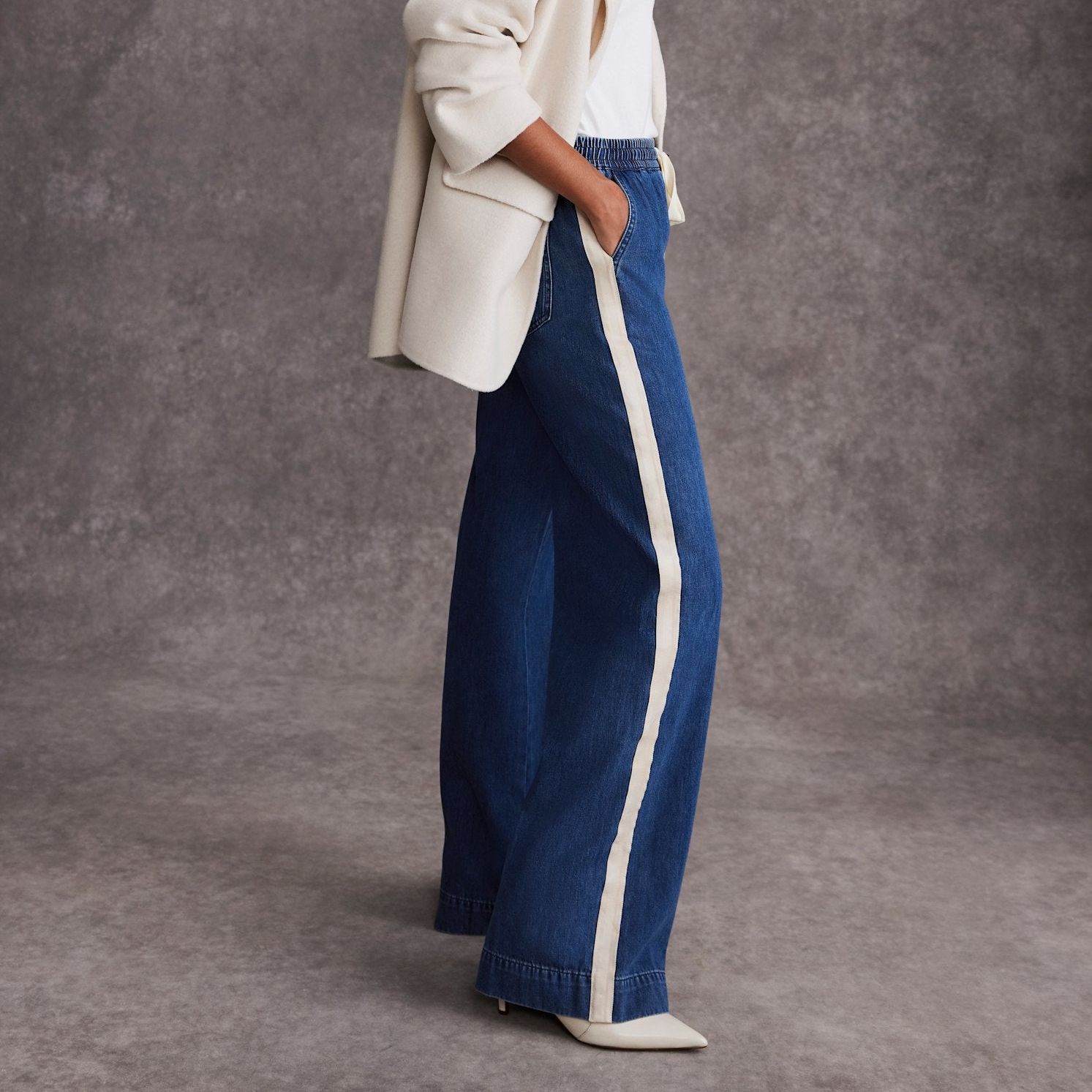 Indigo Tie Waist Side Stripe Wide Jeans