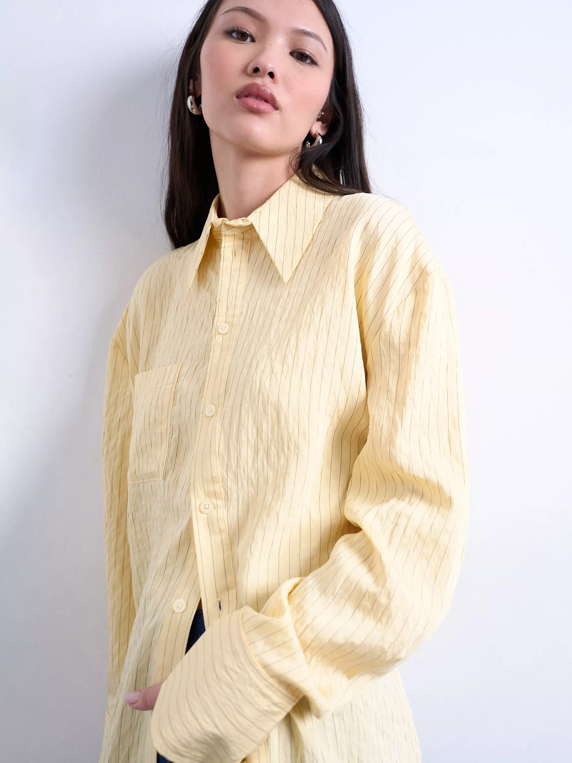 Topshop Stripe Pleat Back Shirt, Yellow