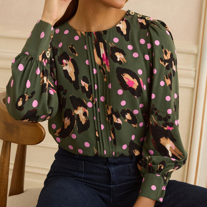 Next, green and pink leopard print blouse