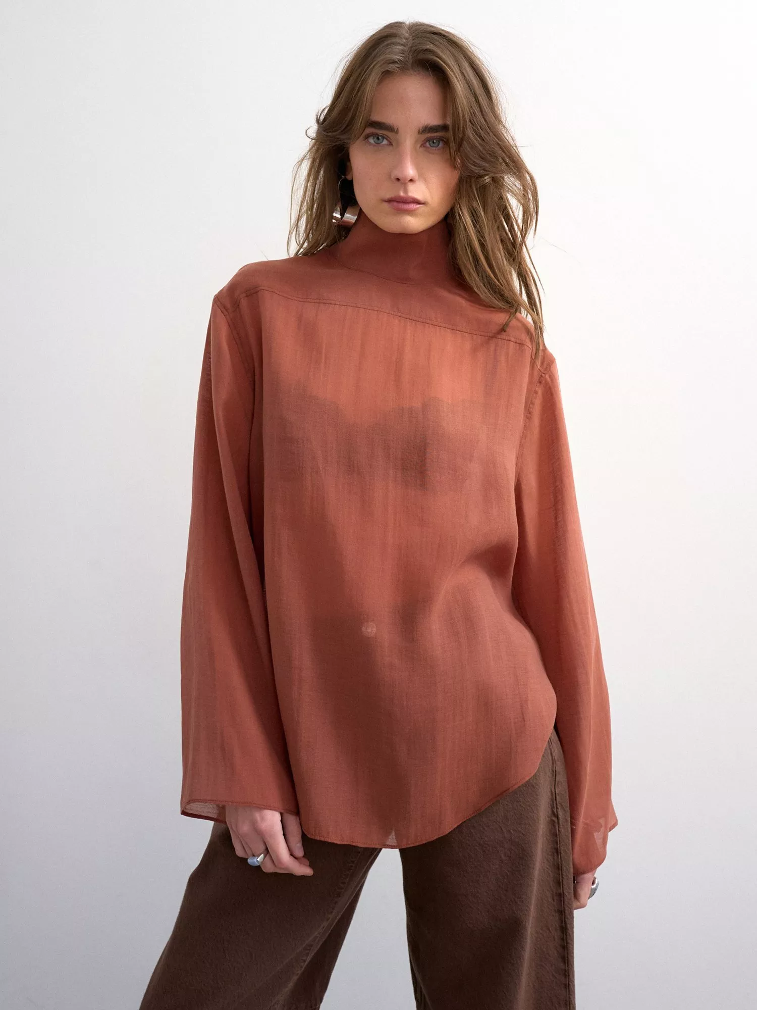 Topshop Funnel Neck Relaxed Sleeve Shirt, Rust