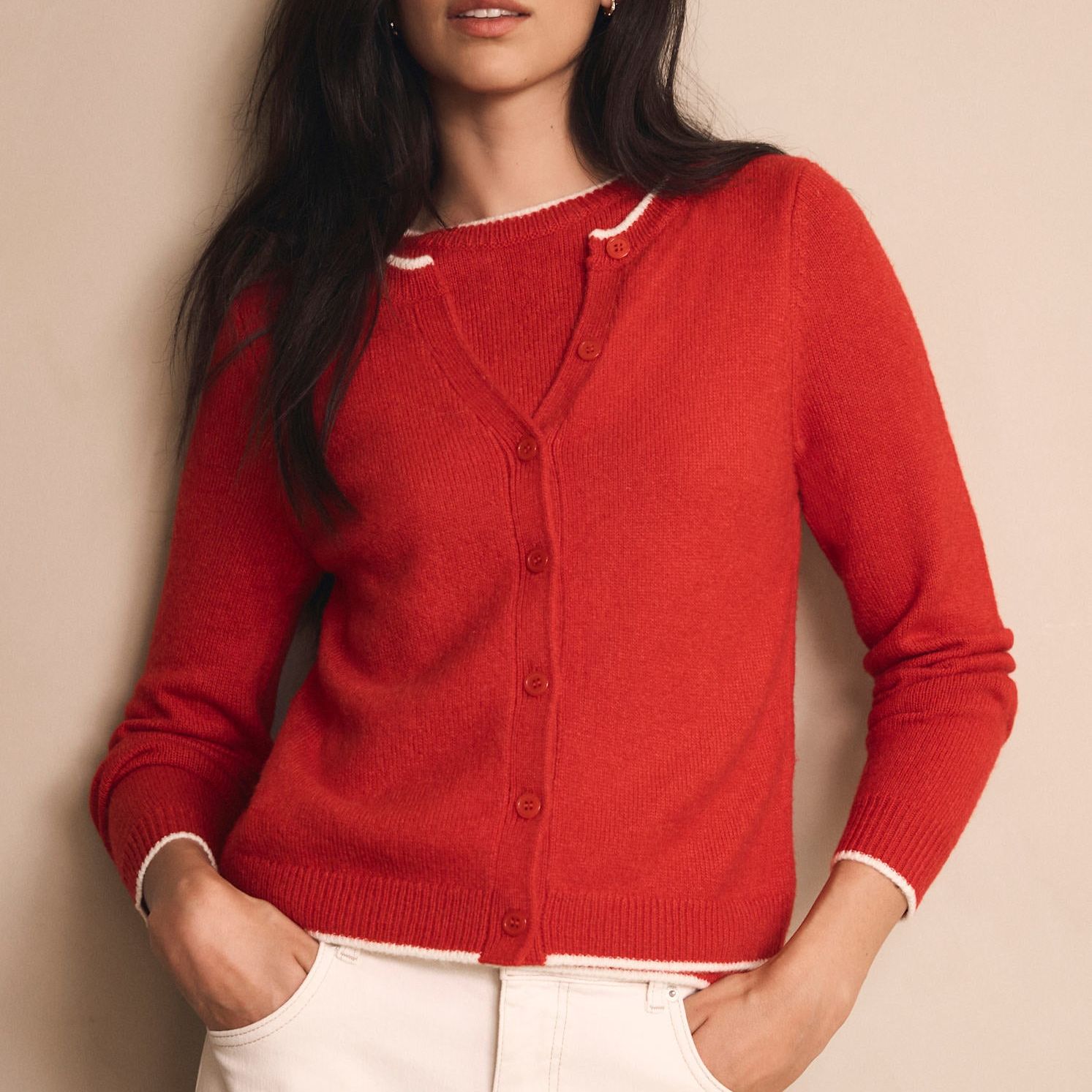 Red Layered Tipped Knit Cardigan