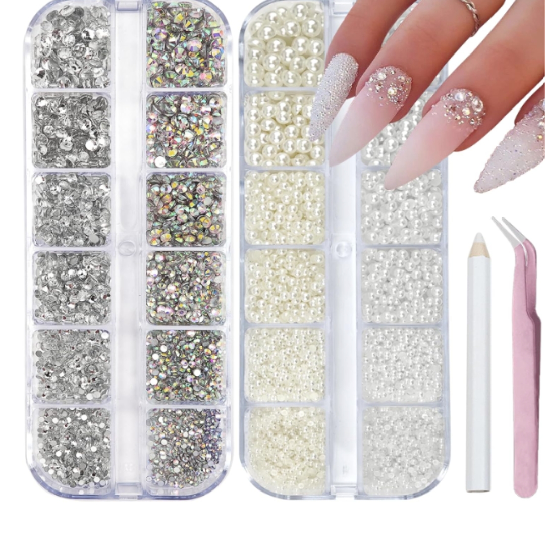 A rhinestone and pearl nail art kit with a white pencil and tweezers, pictured on a white background