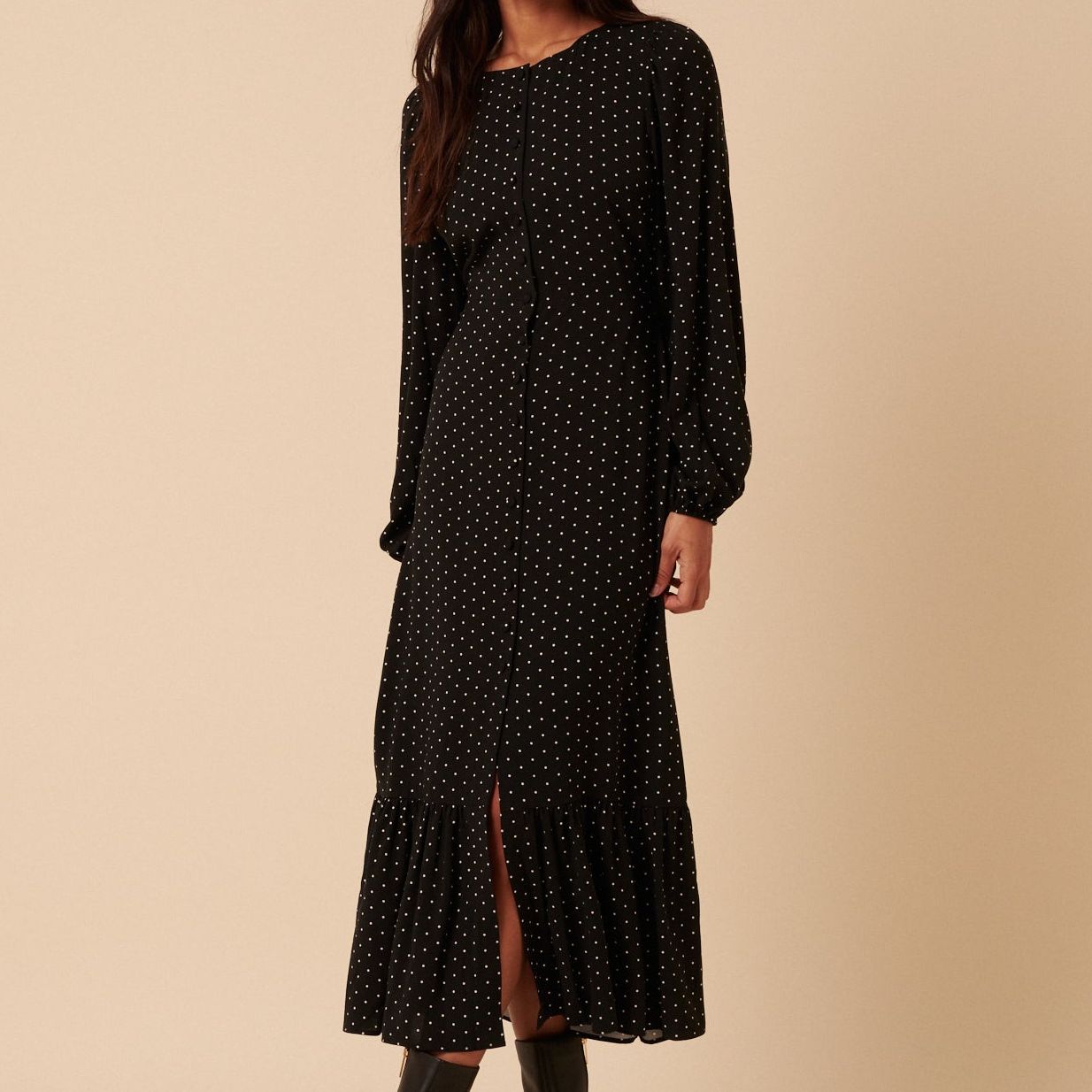 Black Polka Dot Balloon Sleeve Amara Midi Dress
