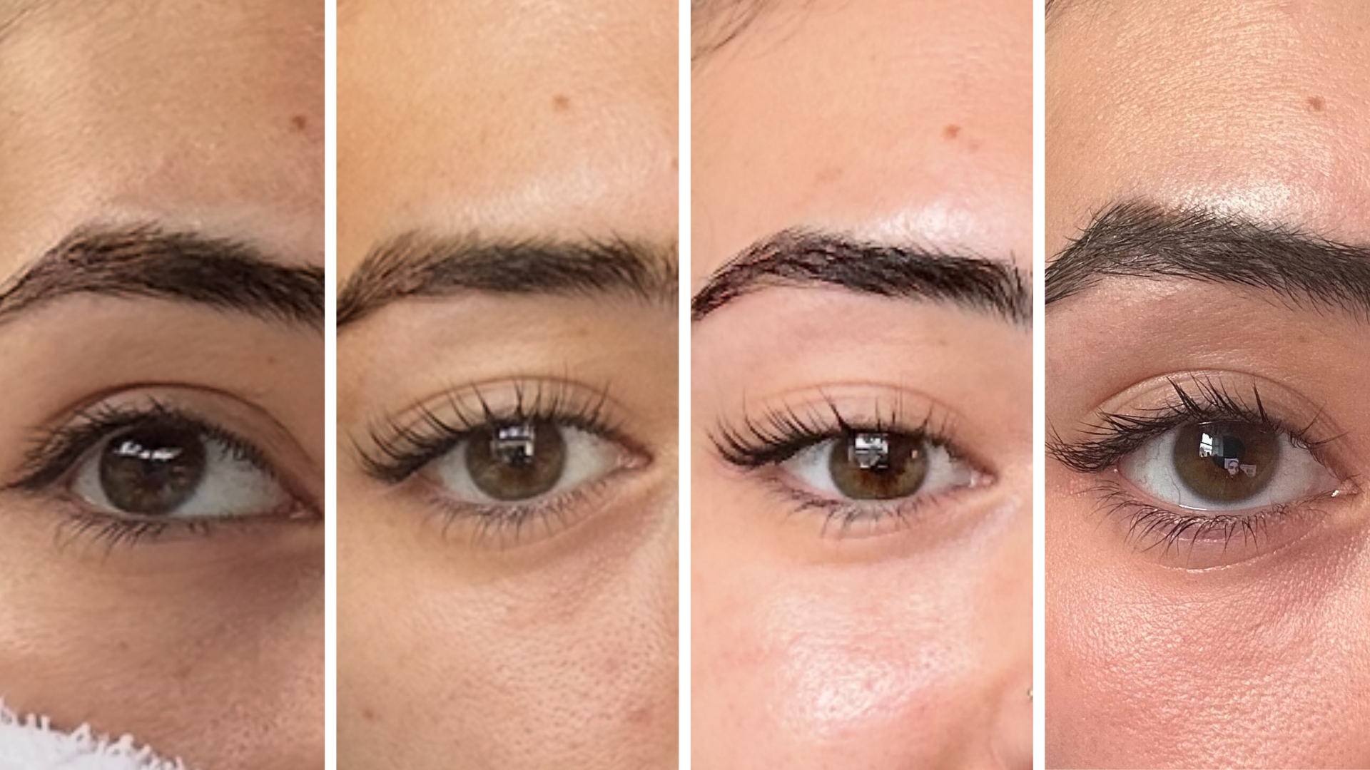 (L-R) Images showing Sennen Prickett's lashes before a Korean Lash Lift, immediately after a Korean Lash Lift, one month after and two months after