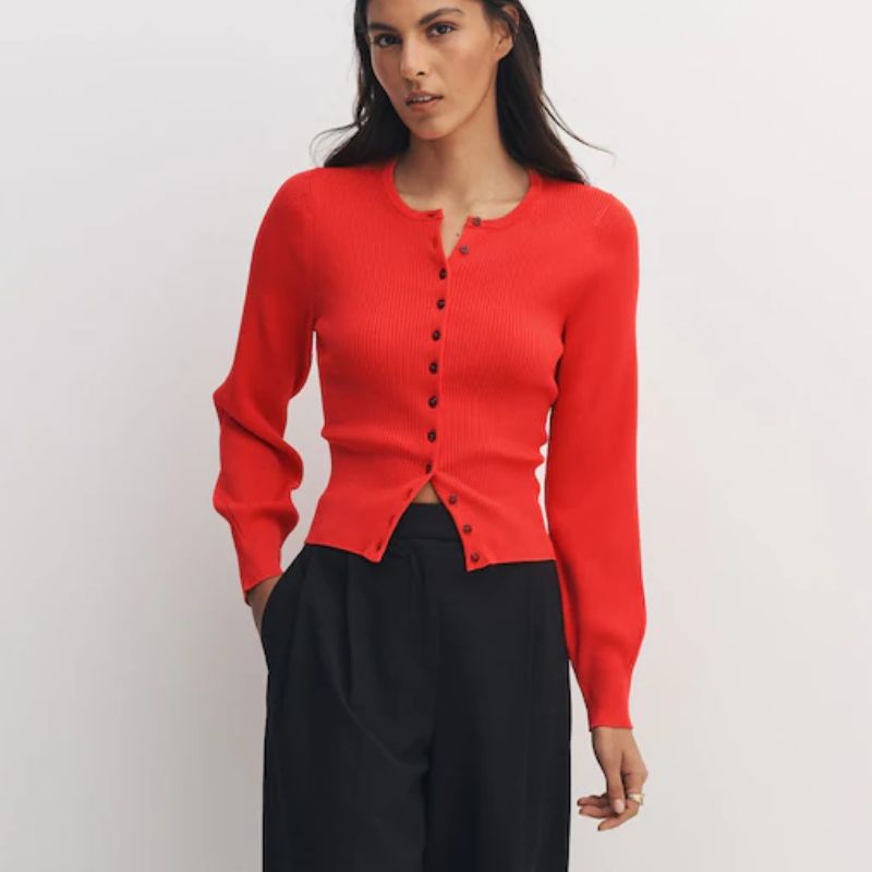 Bright Red Ribbed Volume Sleeve Knitted Cardigan on model