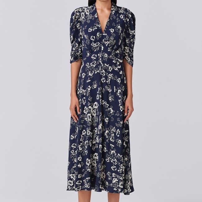 Mia Floral Crepe V Neck Midi Dress