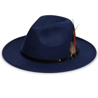Nicky Adams Countrywear Men's and Ladies' Fedora Hat - Wide Brim Wool Felt Fedora With Adjustable Band and Removable Feather, One Size Fits All - Cowboy Country Style, Showerproof Navy Blue