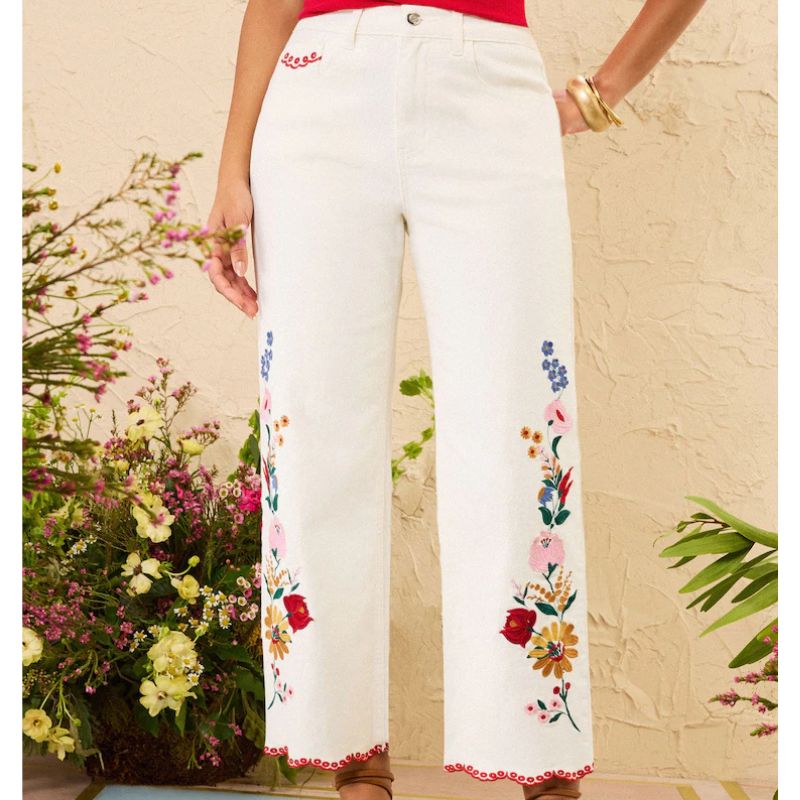 Love &amp;amp; Roses , Ecru Embroidered Floral Straight Crop Jeans