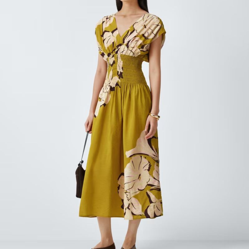 John Lewis , Shirred Waist Placement Floral Print Midi Dress