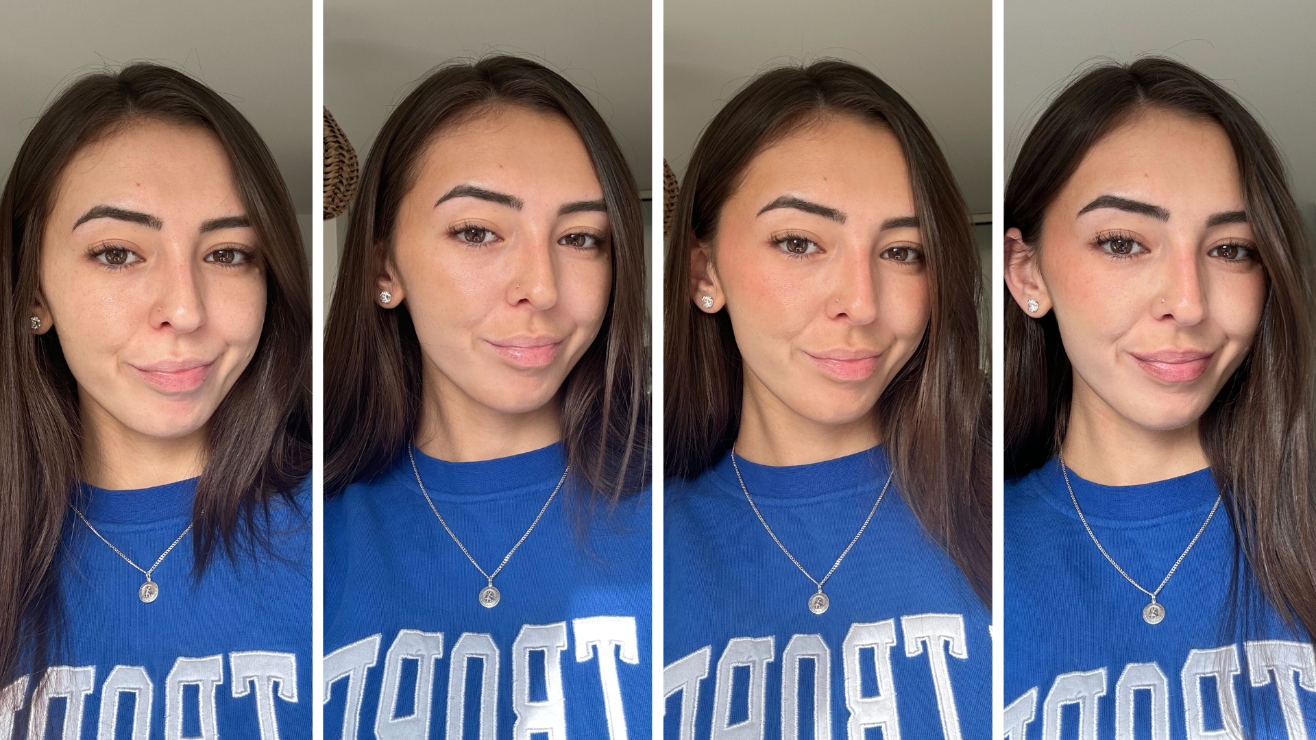 On the left is a picture of Digital Beauty Shopping Writer, Sennen Prickett see wearing just foundation, followed by a picture of her having applied bronzer and then blush. Then, on the right is a picture of Sennen's completed 'blonzer' makeup