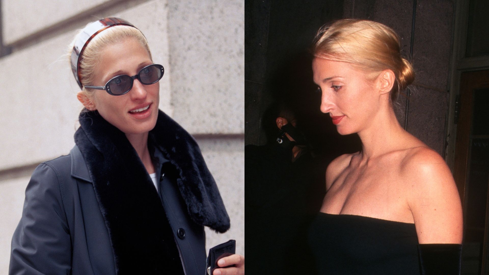 On the left, Carolyn Bessette-Kennedy walking with blonde hair tied back with tortoise shell headband and wearing oval sunglasses, and on the right, image of Carolyn Bessette-Kennedy walking with blonde low bun and strapless black gown
