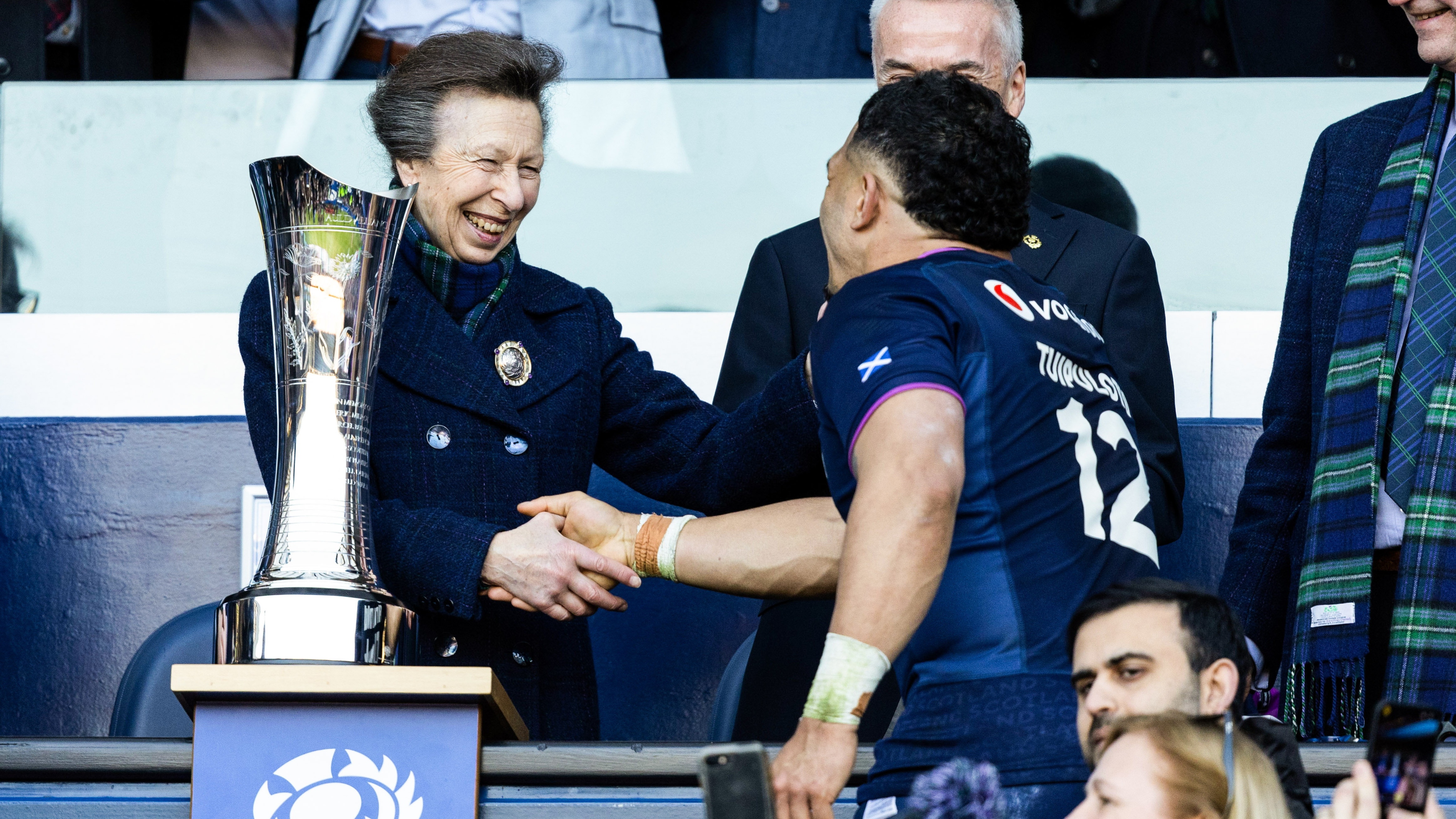 HRH Anne, Princess Royal (L) presents the Auld Alliance Trophy to Scotland's Sione Tuipulotu during a Guinness Six Nations match between Scotland and France at Scottish Gas Murrayfield, on March 07, 2026