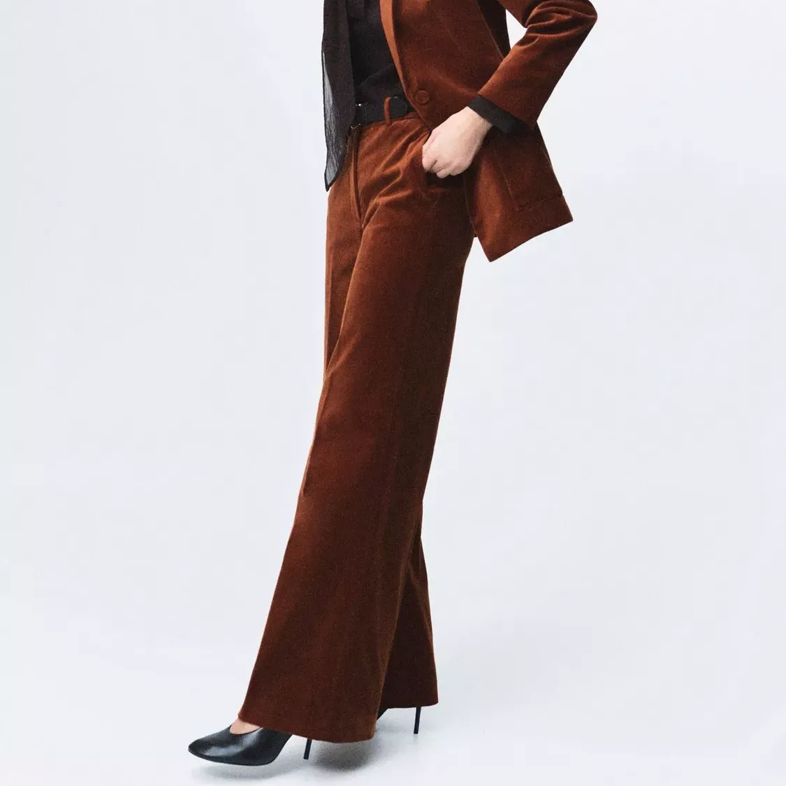 Mango Velvet Wide Leg Trousers, Orange