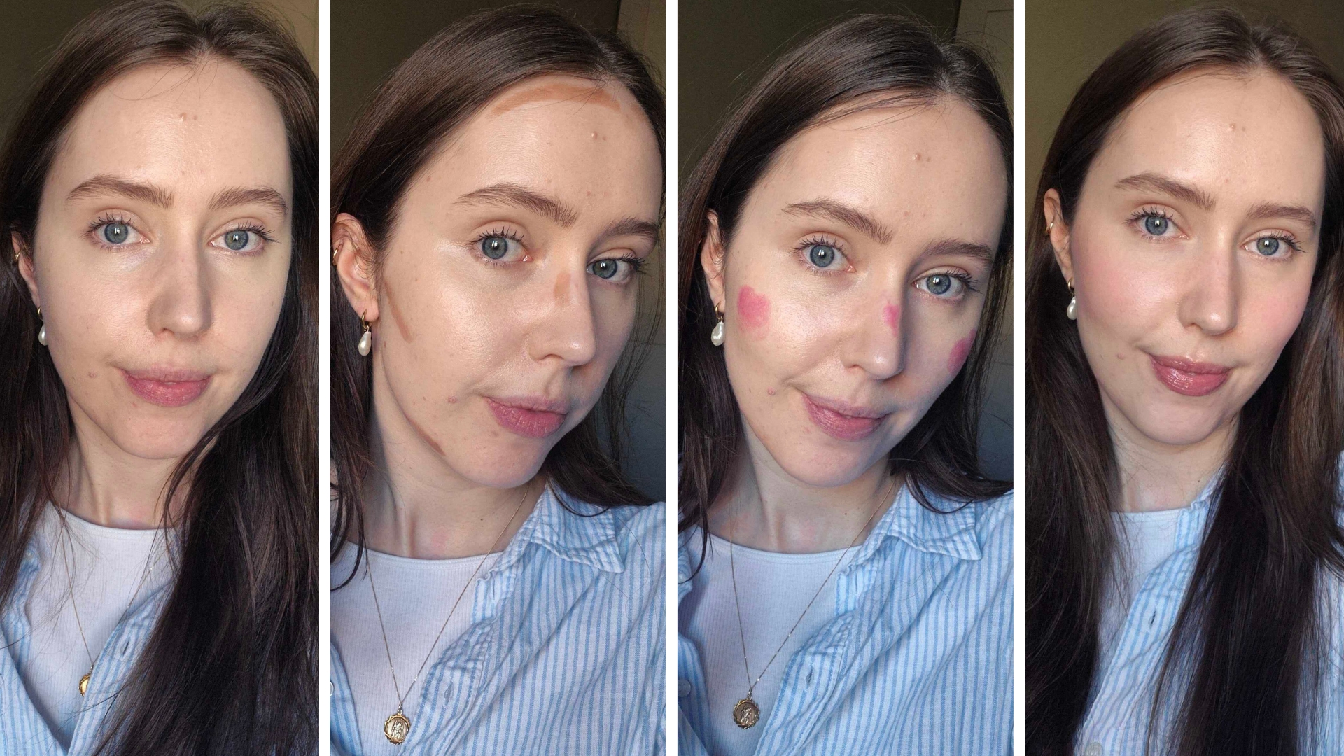 Four pictures of Digital Beauty Writer, Naomi Jamieson, showing how she applies her bronzer and blush: on the left is a picture of her wearing just foundation, followed by her having applied a contour product to her cheekbones, nose, jaw and forehead. The third picture shows Naomi having applied dots of blush to her cheeks and nose, and finally, on the right is a picture of Naomi's finished blush and bronzer makeup.