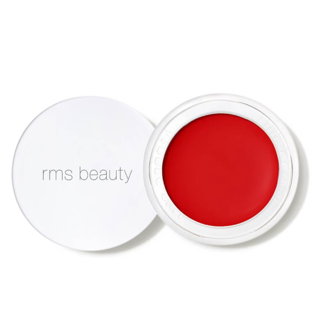 A product shot of the RMS Beauty Lip2Cheek in shade Beloved (a poppy red), on a white background
