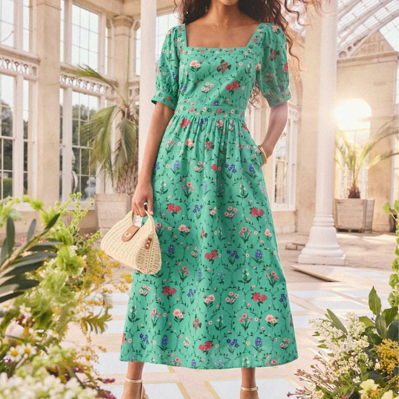 Love &amp;amp; Roses , Green Floral Linen Puff Sleeve Midi Dress