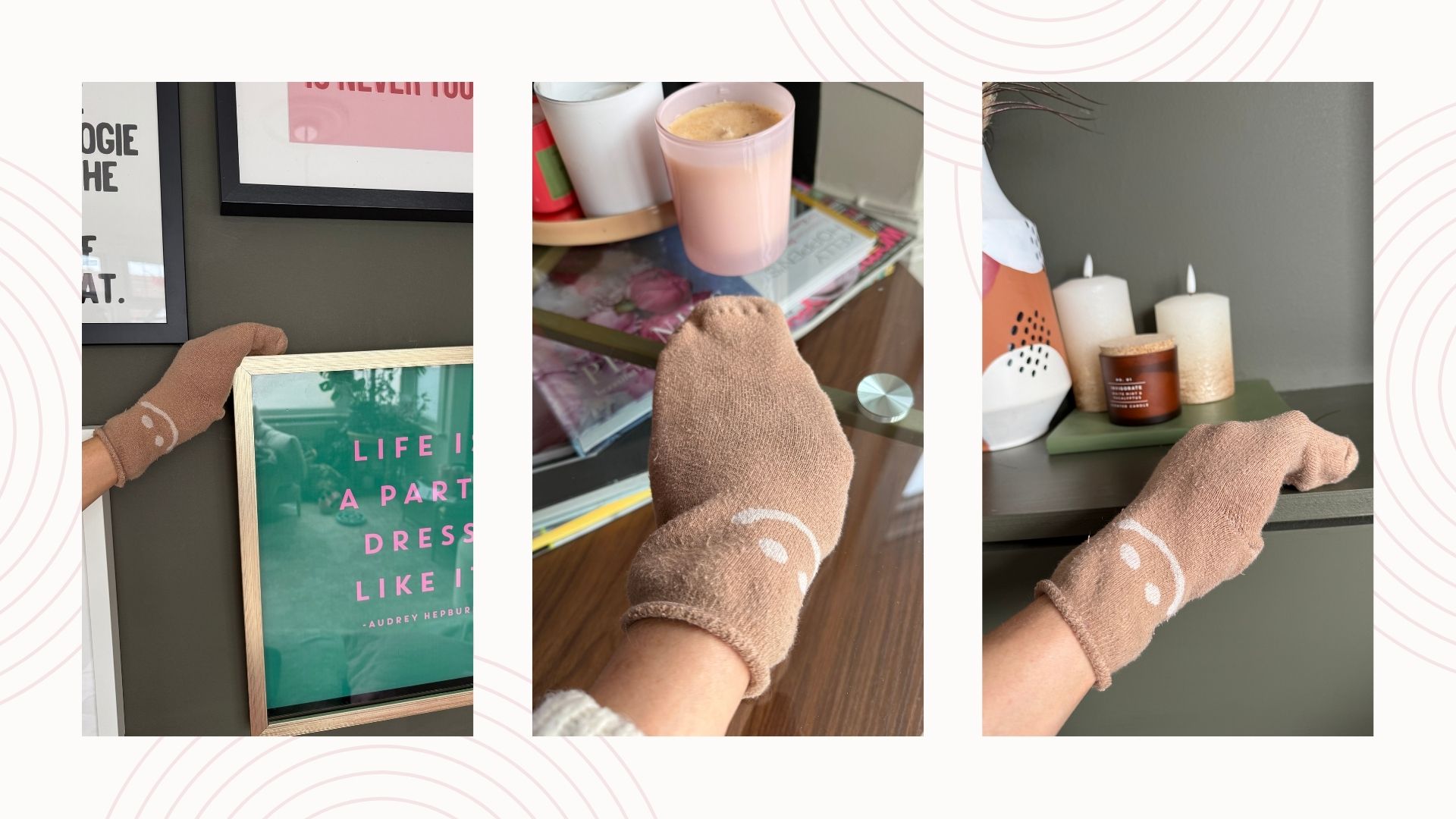 Compilation image of dusting around a living room with a sock on the hand a recommended Mr Carrington tidy home tip