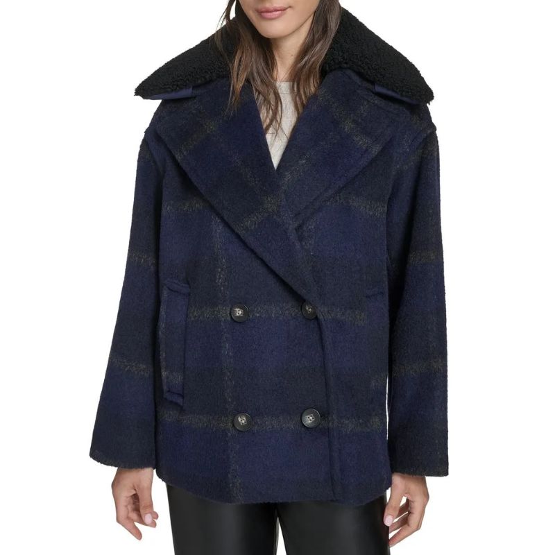 Plaid Short Peacoat With Removable Faux Shearling Collar