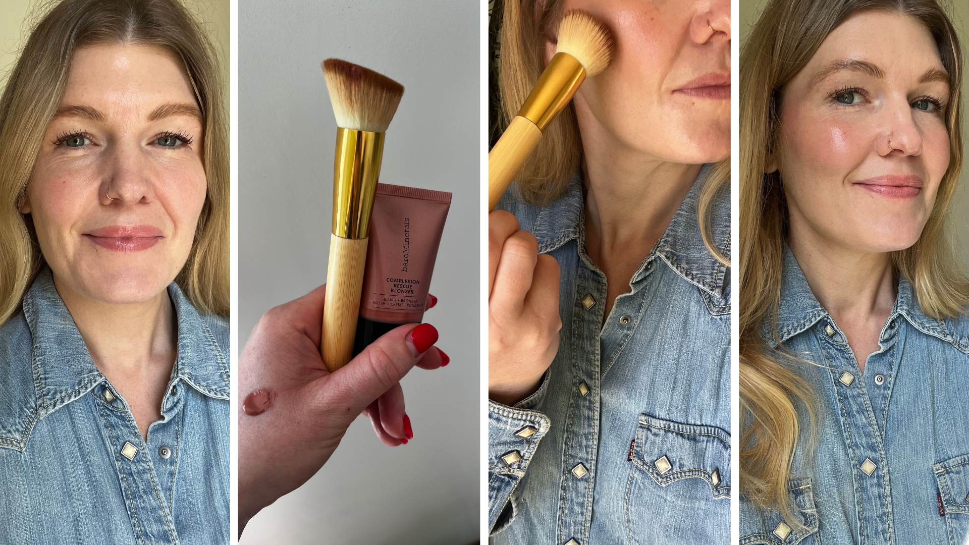 Four pictures of Digital Beauty Editor, Fiona McKim showing how she applies 'blonzer.' On the left is a picture of Fiona wearing just foundation, followed by a picture of her holding a foundation brush and her blonzer product. The third picture shows Fiona applying the product with a brush to her cheek and finally, on the right is a picture of Fiona's finished and blended blonzer makeup.