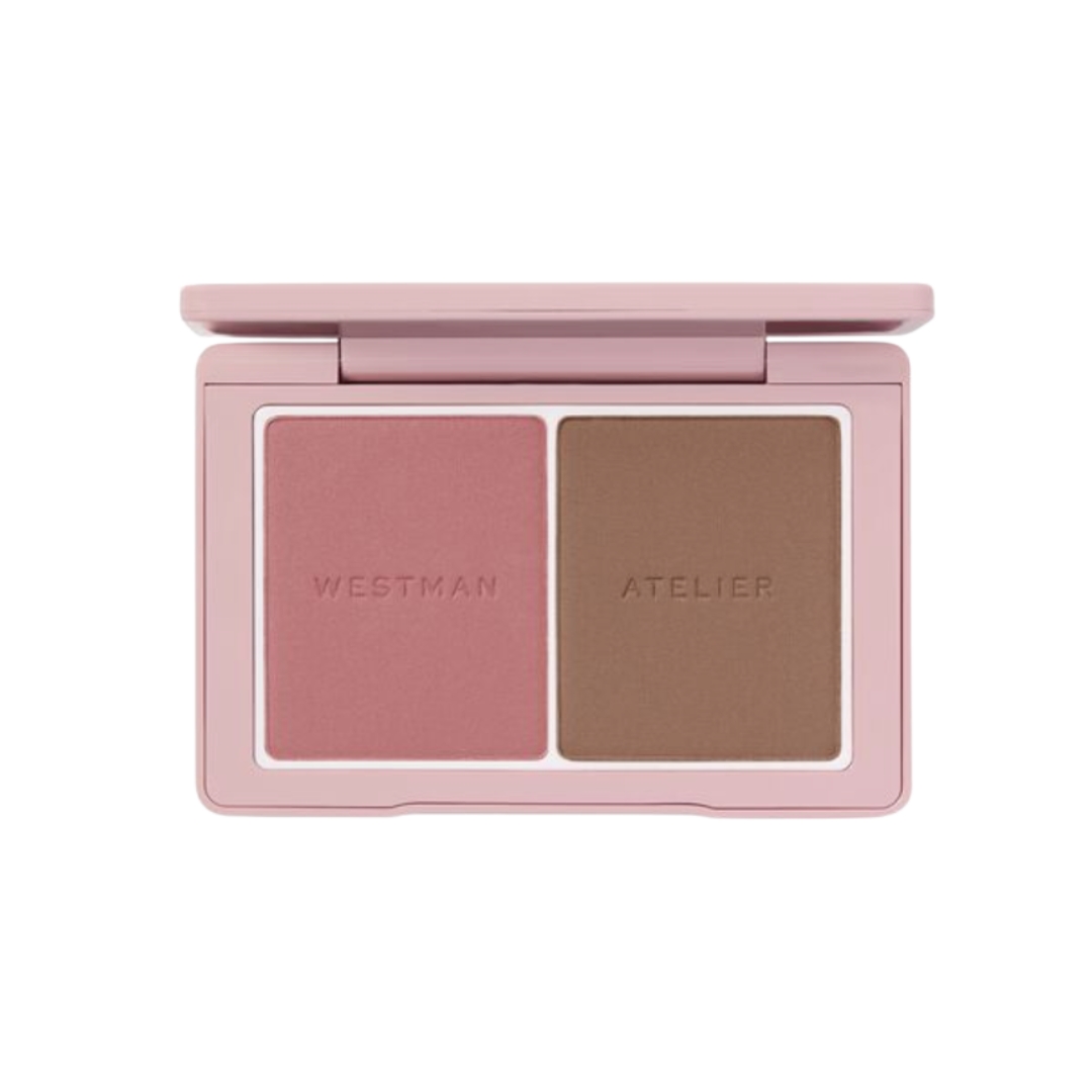 A product shot of the Westman Atelier The Powder Duos (bronzer and blush), on a white background